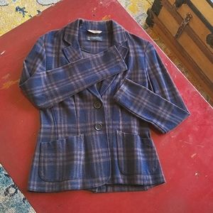 Peruvian Connection Knit Plaid Navy & Honey Women's Blazer Jacket Small